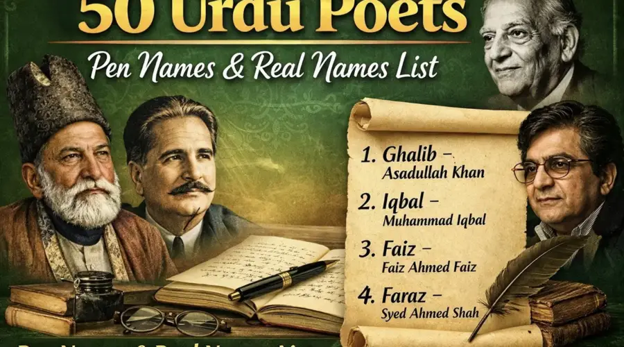50 اہم شعراء کے اصل نام | تخلّص اور حقیقی ناموں کی مکمل فہرست اُردُو شعراء کے اصل نام